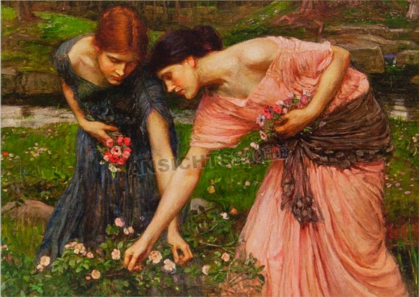 Postkarte &quot;John William Waterhouse - Pflücke die Rosenknospen so lange sie blühen&quot;