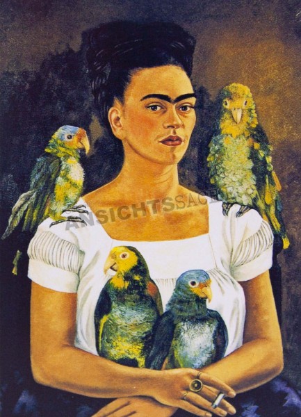 Postkarte &quot;Frida Kahlo - Selbstporträt: Ich und meine Papageien&quot;